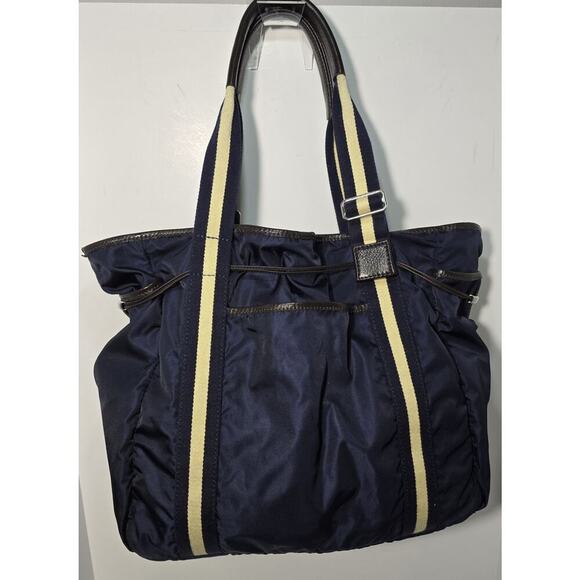 OROBIANCO Nylon Tote Bag Navy w/ Navy/beige webbing & Leather Trim Lg Made Italy - Picture 5 of 16